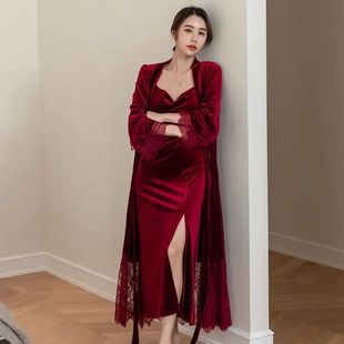 Sexy Lace Bride Wedding Robe Nightdress Set Burgundy Velvet
