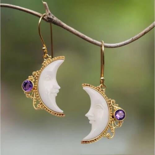 Exquisite Fashion Earrings White Moon Round Purple Stone Jew