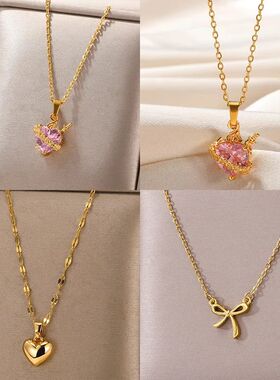 Pink Heart Zircon Necklace Gold Color Stainless Steel Cupid