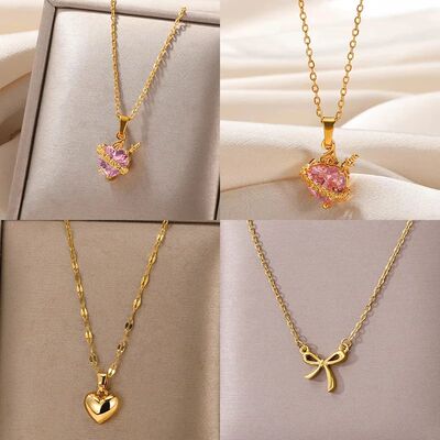 Pink Heart Zircon Necklace Gold Color Stainless Steel Cupid