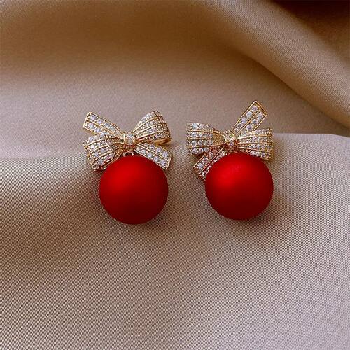 Fashion Crystal Bow Knot Stud Earrings For Women Pearl Cherr