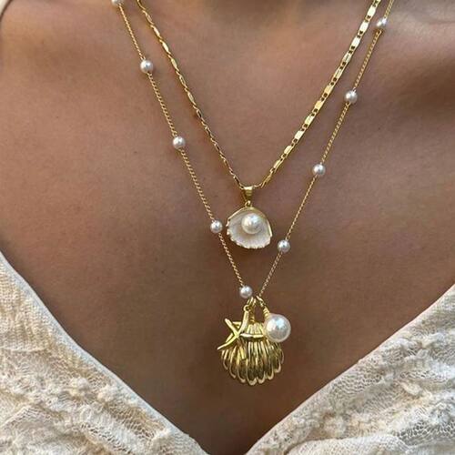 2pcs/set Fashion Shell Starfish Imitation Pearls Pendant Nec