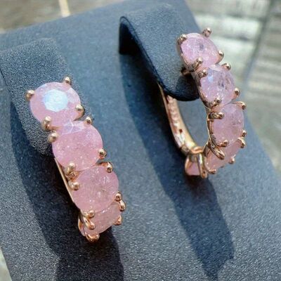 Gorgeous Gold Color Pink Stone Hoops Earrings Woman Circle F