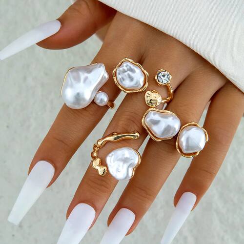 Baroque Rings Set Vintage Irregular Elegant Geometric Pearl