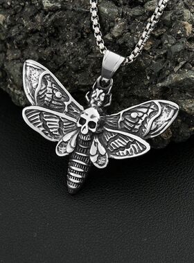 Vintage Stainless Steel Skull Moth Pendant Necklace Punk Bik