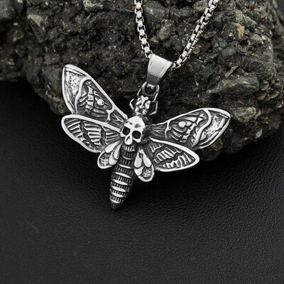 Vintage Stainless Steel Skull Moth Pendant Necklace Punk Bik