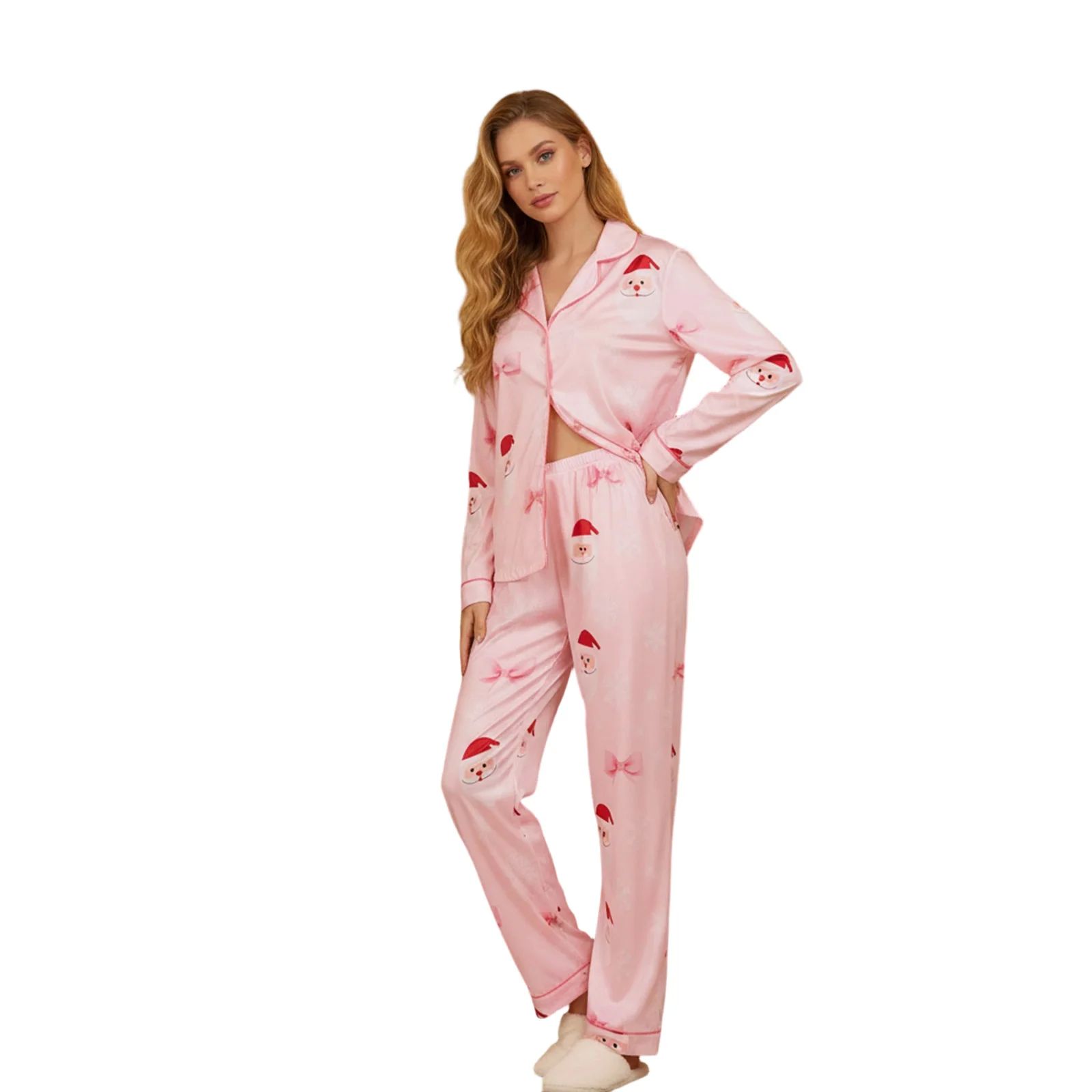 Women’s Two Piece Christmas Pajamas Set Long Sleeve Button