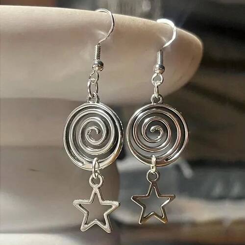 Y2K Silver Swirl Spiral Hollow Star Dangle Earrings, Minimal