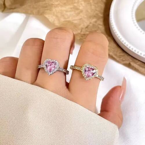 Elegant Heart Ring Pink Crystal Zircon Open Adjustable Daint
