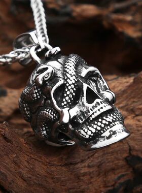 Gothic Vintage Stainless Steel Skull Craving Snake Pendant N