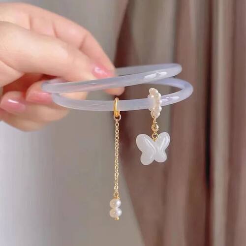 2Pcs/Set Natural Jade Jingle Butterfly litchi jelly Bangles