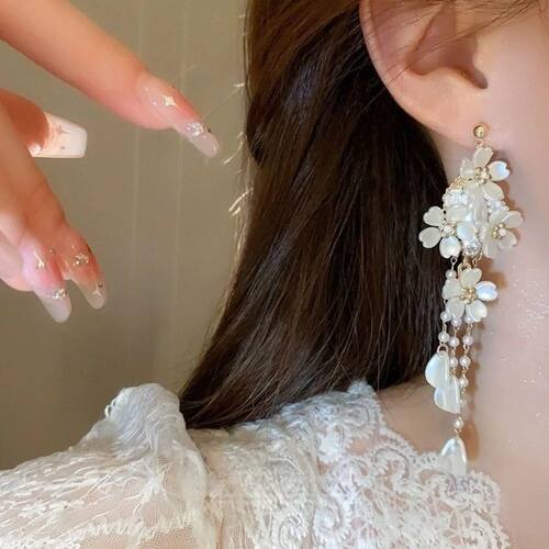 Vintage Pearl Tassel Earrings Romantic French Flower Drop Ea