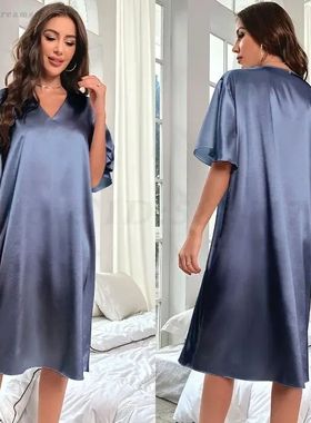 Sexy Deep V-Neck Nightgown Women's Navy Blue Home Dress Over