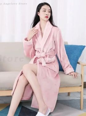 Thick Flannel Kimono Bathrobe Gown Nightwear Warm Coral Flee