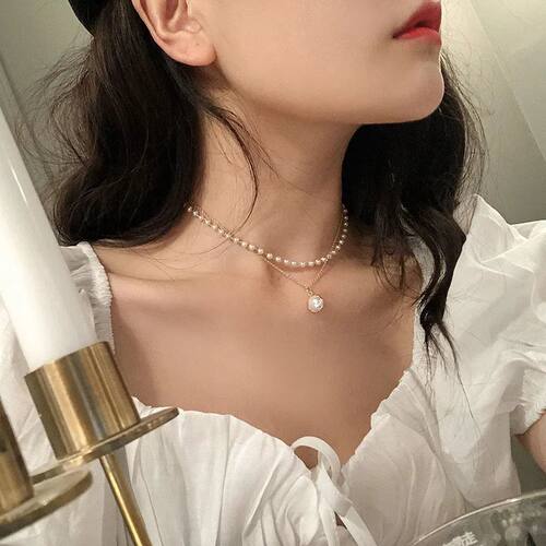 Double Layer Imitation Pearl Choker Necklace for Women, Gold