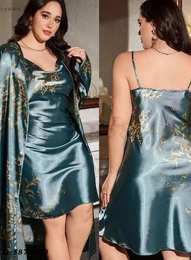 Print Cherry 2PCS Robe Set Large Size 5XL Suspender Nightgow