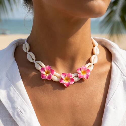 Bohemian Big Flower Sea Shell Charm Necklace For Women Pink