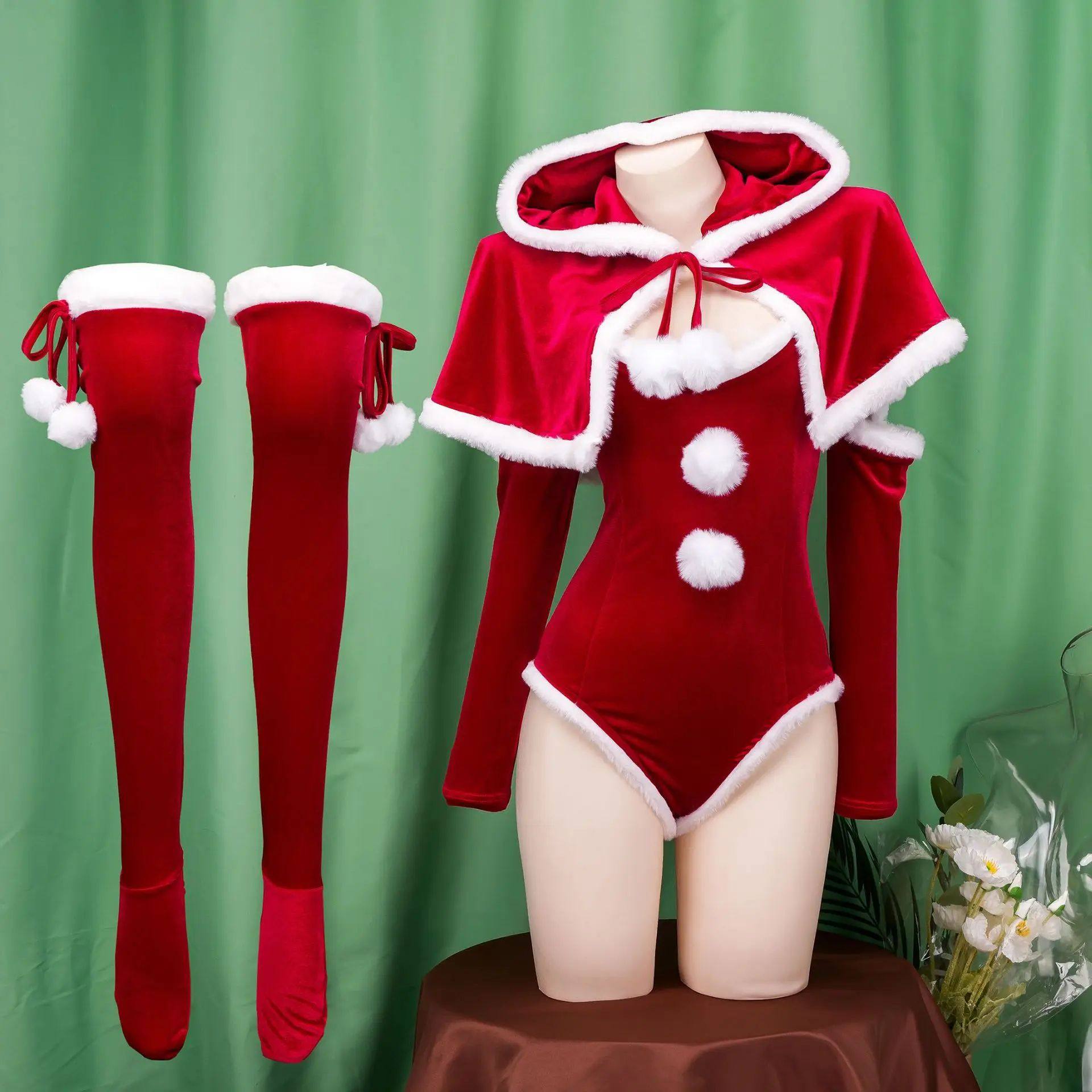 Anime Christmas Uniform Bodysuit with Cloak Red Stockings Ou