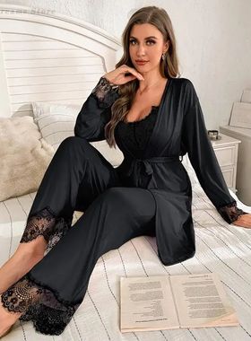 Three Piece Set Pajamas Long Sleeve Kimono&Cami&Pant Sleepwe