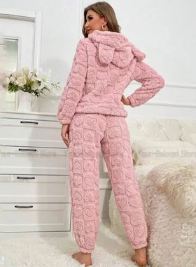 Women Cute Jacquard 2Pcs Sleepwear Pink Hooded Top&pants War