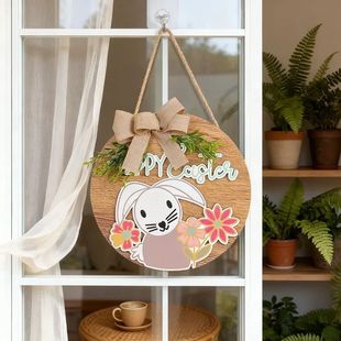 Easter Wooden Plaque Wreath with Bunny Decoration Spring Hom