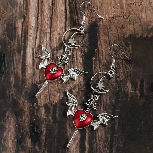 Gothic Red Heart Skull Dagger Drop Earrings, Bat Wing Moon S