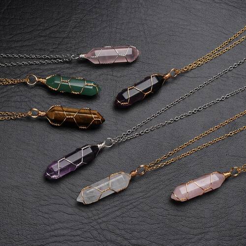 Hexagonal Natural Stone Pendant Necklace for Women Men Wire