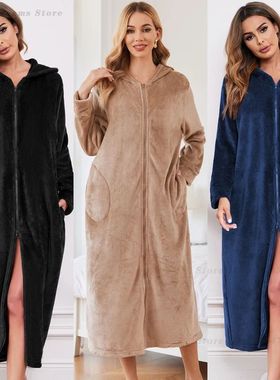 Big Size 3XL Zipper Nightgown Thicken Hooded Sleepwear Long