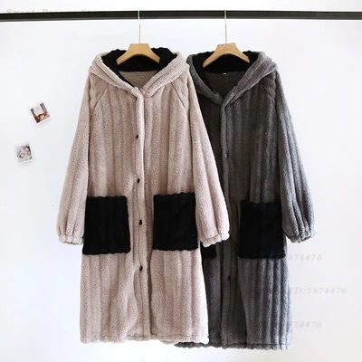 Couple Hooded Nightgown Autumn Winter Thick Warm Sleepwear C