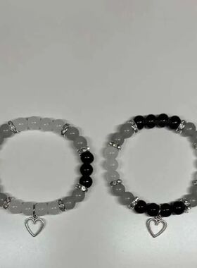Y2K Handmade Grey Crystal Bead Bracelet for Women Punk Heart