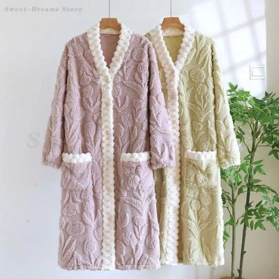Tulip Flannel Nightgown Autumn Winter Warm Sleepwear Coral F