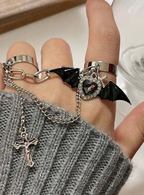 Gothic Black Bat Wing Cross Chain Rings Y2K Kpop Dark Crysta