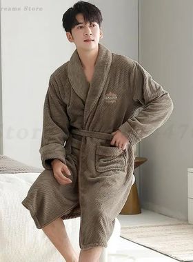 Winter Flannel Robe Sleepwear Men's Thick Nightgown Coral Fl