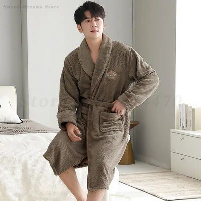 Winter Flannel Robe Sleepwear Men's Thick Nightgown Coral Fl