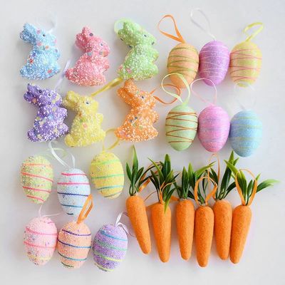 24/6pcs Painted Foam Easter Eggs Rabbit Hanging Ornaments De