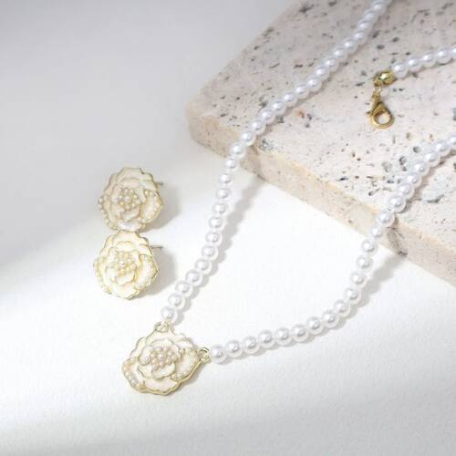 White Pearl Choker Gold Rose Pendant Earrings Set Romantic R