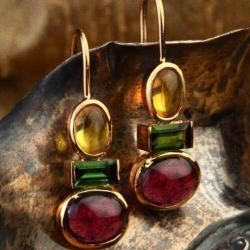 Dazzling Gold Color Round Yellow Green Red Stone Dangle Earr