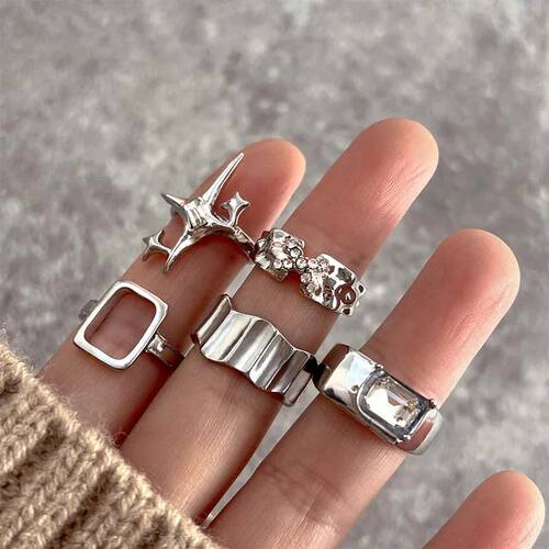 Silver Color Punk Geometric Star Ring Set Irregular Crystal