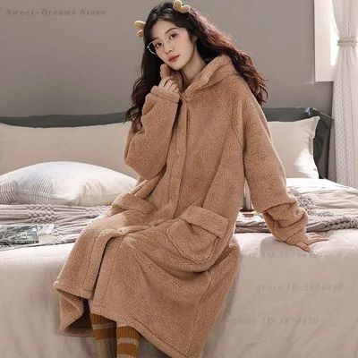 Cute Hooded Nightgown Thicken Coral Fleece Sleepwear Autumn