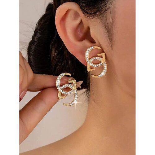 Geometric Letter Stud Earrings With Rhinestones For Daily We