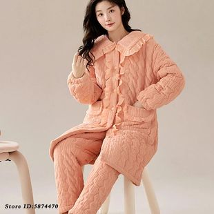 Thickened Sleepwear Winter New Coral Fleece 2PCS Pajamas Set