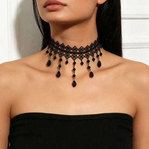 Black Lace Necklace Gothic Choker Tassel Hollow Flower Tatto