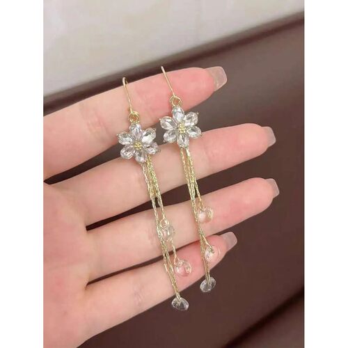 Elegant Flower Drop Earrings With Crystal Tassels For Women