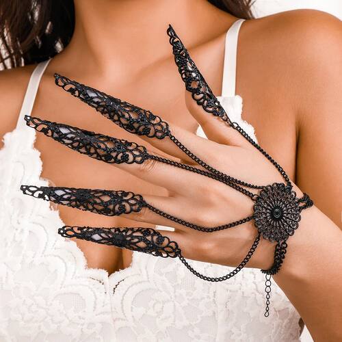 Gothic Punk Hollow Finger Ring Link Chain Flower Bracelet fo