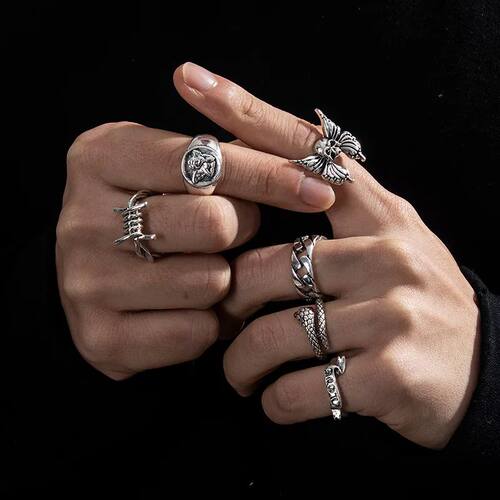 6pcs Men Punk Gothic Skeleton Unisex Ring Set Grunge Butterf