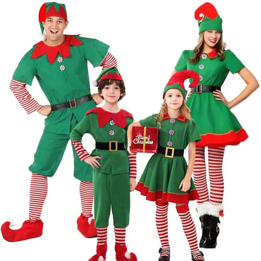 Christmas Santa Claus Costume Green Elf Cosplay Outfits Fami