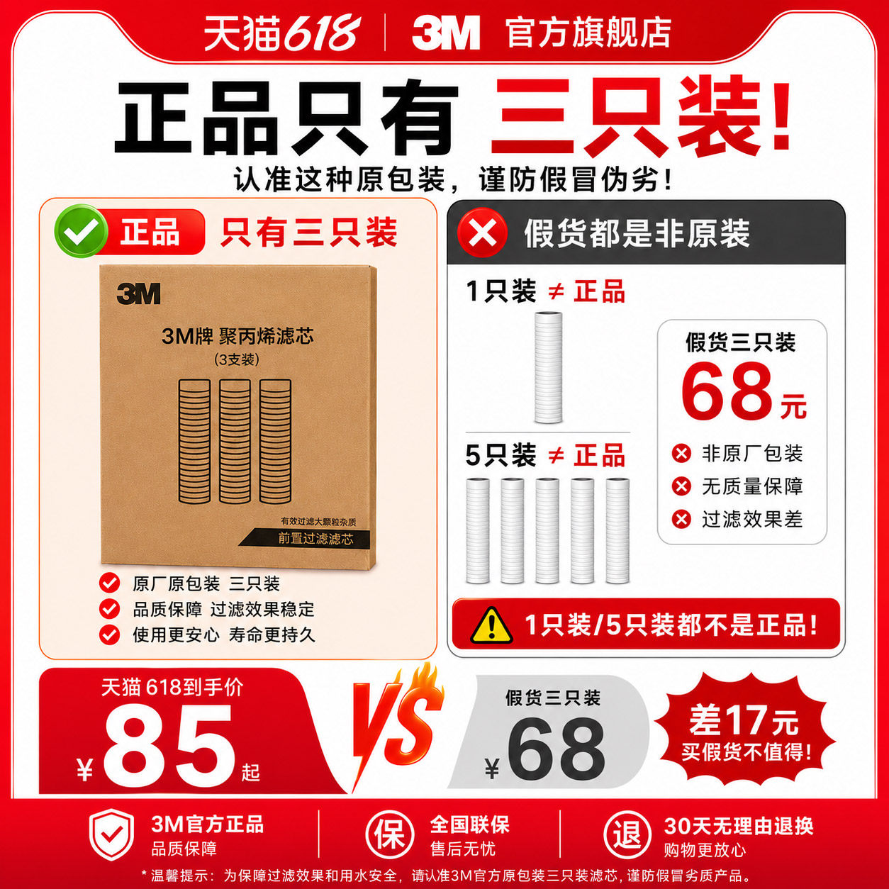 3M净水器滤芯 10寸通用 PP棉净水器替换装 官方正品