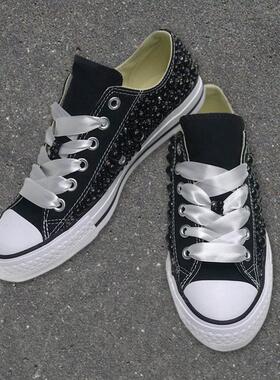 黑色满钻宴会派对大码帆布鞋手工定制低帮系带休闲运动女鞋35-44