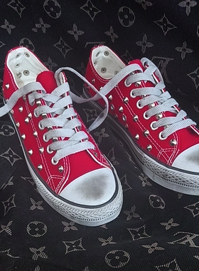 红色36码低帮做旧尖钉帆布鞋大码休闲鞋柳丁鞋断码处理现货秒发
