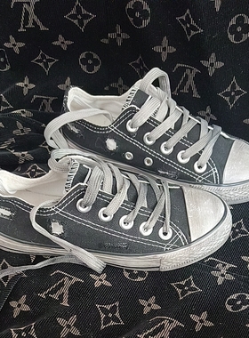 黑色32码低帮做旧破洞帆布鞋大码男女休闲鞋断码处理现货